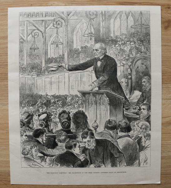 Holzstich Edinburgh 1885 Die Wahlkampagne Mr Gladstone in der  Versammlungshalle der freien Kirche